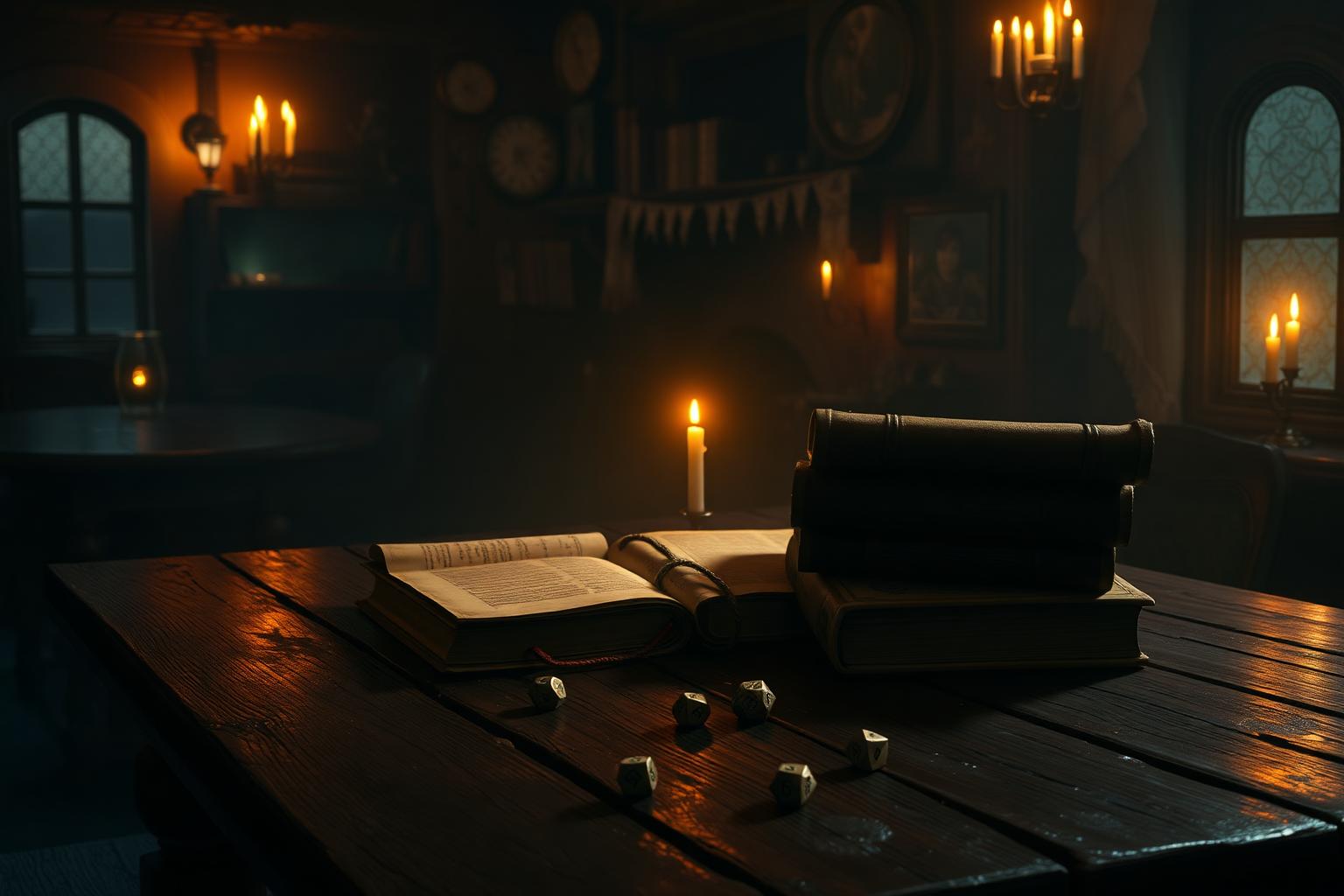 Candlelit tavern with spellbooks and dice on an oak table